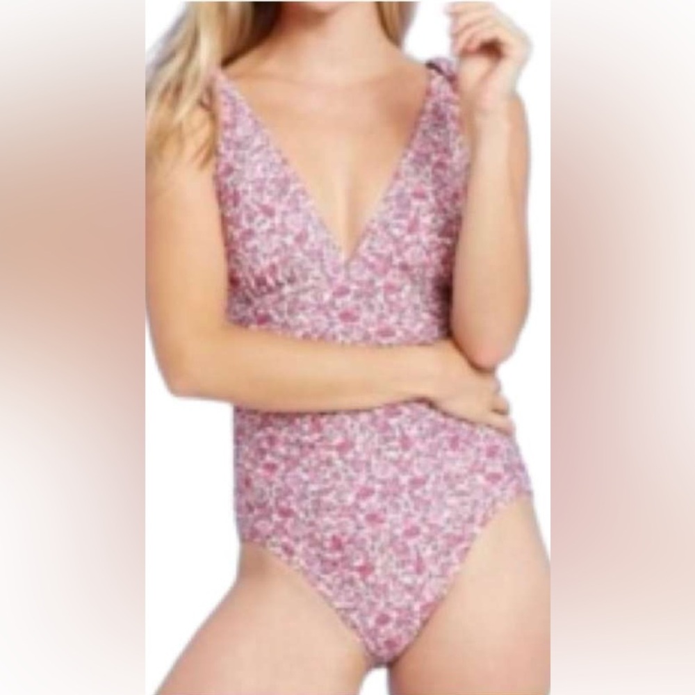 Kona Sol Pink Floral Deep V-Neck One-Piece Swimsuit